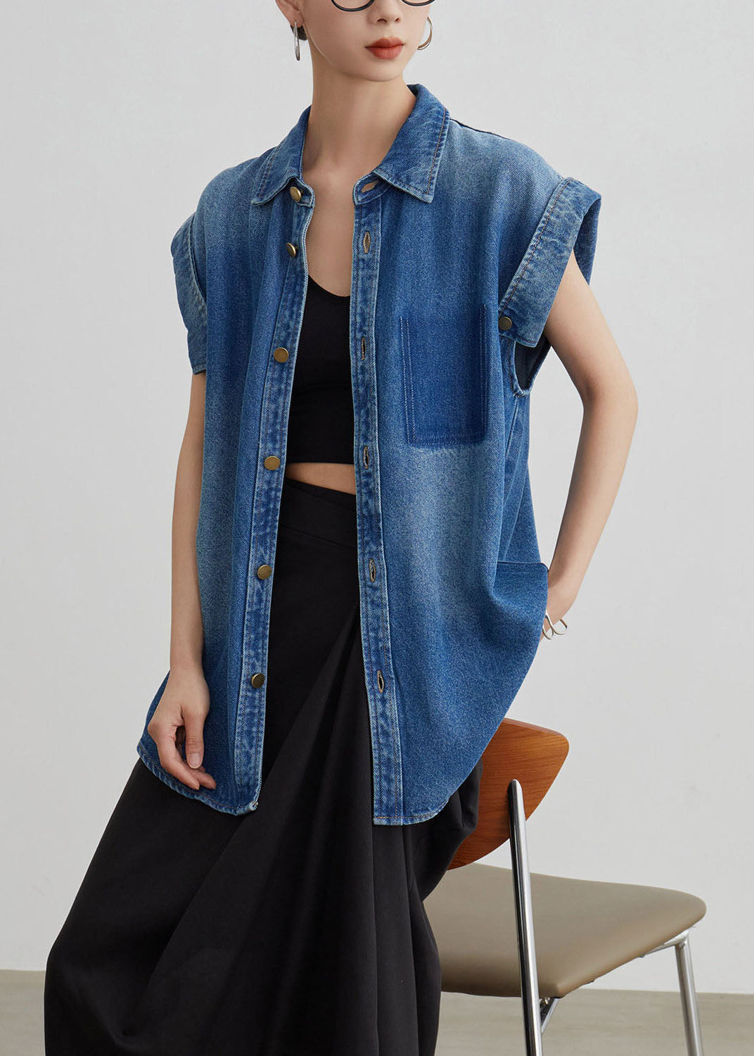 Women Blue Peter Pan Collar Button Denim Shirt Coat Summer