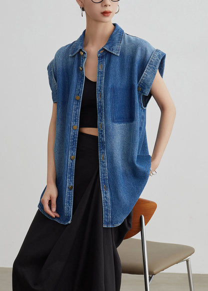 Women Blue Peter Pan Collar Button Denim Shirt Coat Summer
