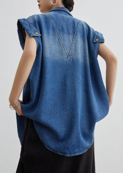 Women Blue Peter Pan Collar Button Denim Shirt Coat Summer