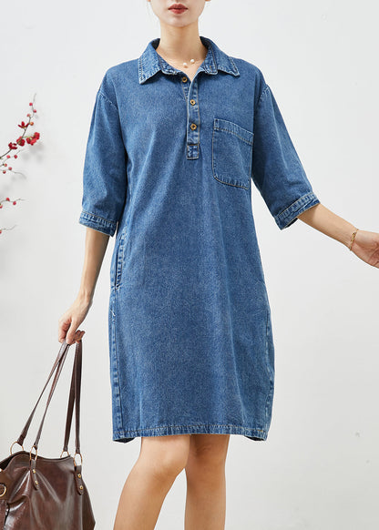 Women Blue Peter Pan Collar Cinched Denim Dress Half Sleeve