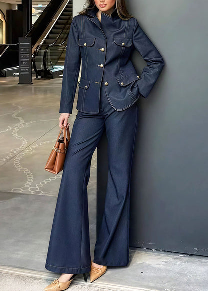 Women Blue Peter Pan Collar Coat And Pants Denim Two Pieces Set Fall