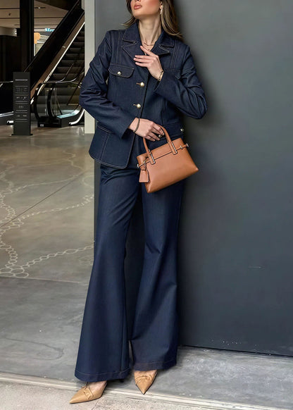 Women Blue Peter Pan Collar Coat And Pants Denim Two Pieces Set Fall