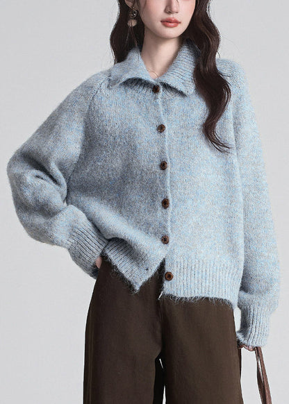 Women Blue Peter Pan Collar Cozy Button Cotton Knit Cardigan Long Sleeve