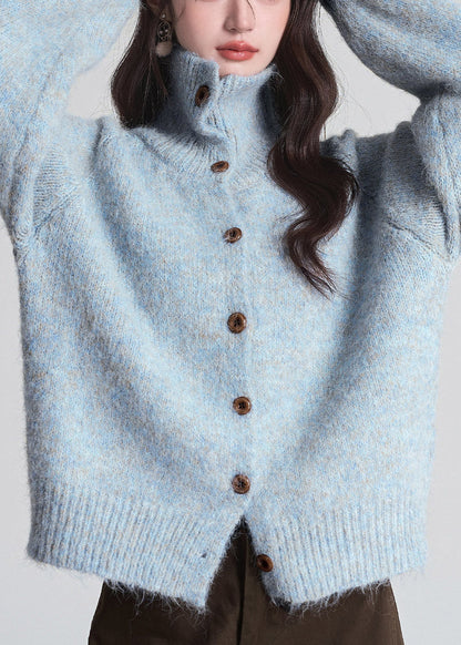 Women Blue Peter Pan Collar Cozy Button Cotton Knit Cardigan Long Sleeve