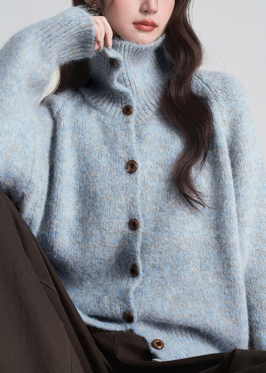 Women Blue Peter Pan Collar Cozy Button Cotton Knit Cardigan Long Sleeve