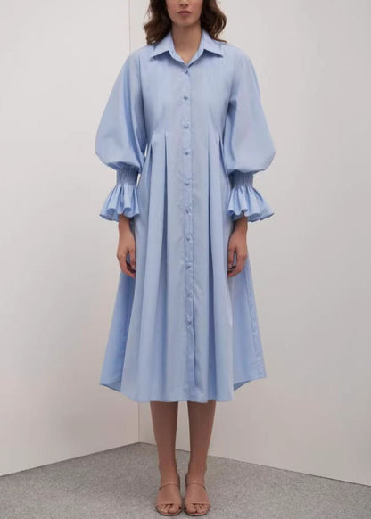 Women Blue Peter Pan Collar Patchwork Cotton Shirts Dress Summer