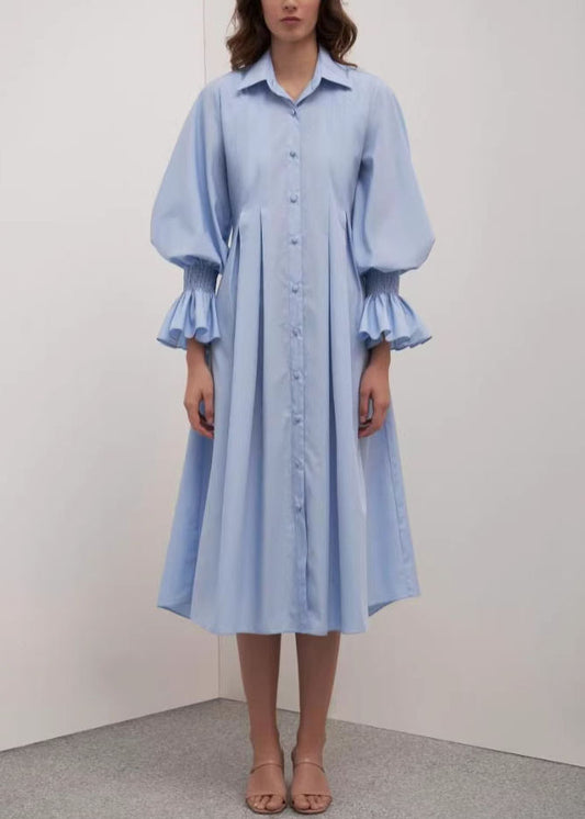 Women Blue Peter Pan Collar Patchwork Cotton Shirts Dress Summer