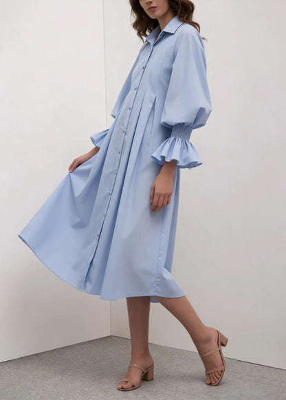 Women Blue Peter Pan Collar Patchwork Cotton Shirts Dress Summer