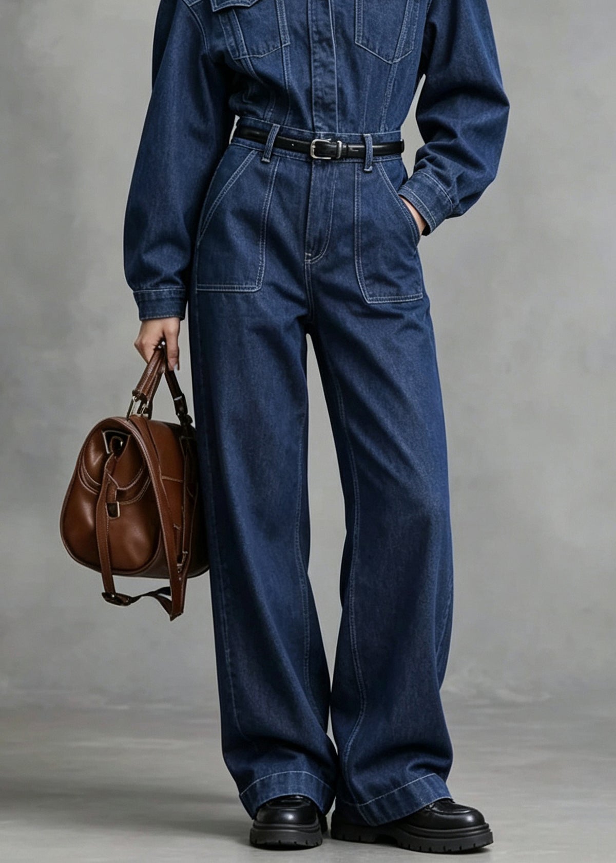 Women Blue Peter Pan Collar Pockets Patchwork Denim Jumpsuit Fall