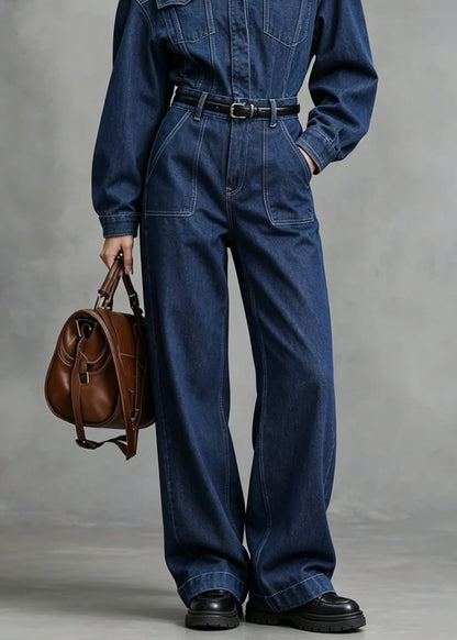 Women Blue Peter Pan Collar Pockets Patchwork Denim Jumpsuit Fall