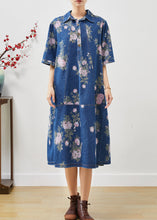Load image into Gallery viewer, Women Blue Peter Pan Collar Print Denim Dress Summer