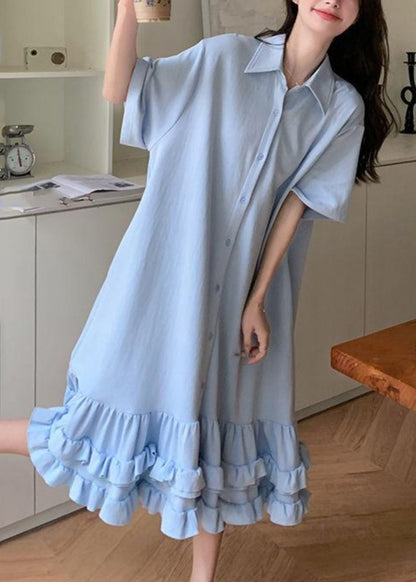 Women Blue Peter Pan Collar Ruffled Patchwork Maxi Dress Short Sleeve