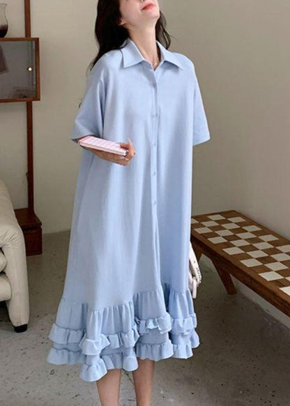 Women Blue Peter Pan Collar Ruffled Patchwork Maxi Dress Short Sleeve