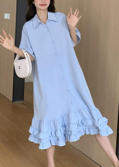 Women Blue Peter Pan Collar Ruffled Patchwork Maxi Dress Short Sleeve