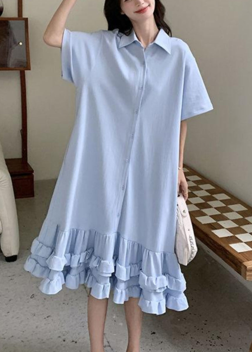 Women Blue Peter Pan Collar Ruffled Patchwork Maxi Dress Short Sleeve