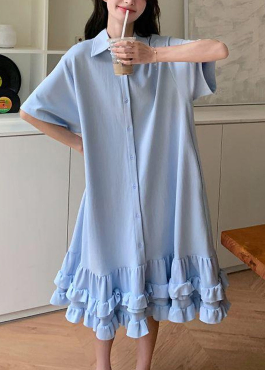 Women Blue Peter Pan Collar Ruffled Patchwork Maxi Dress Short Sleeve