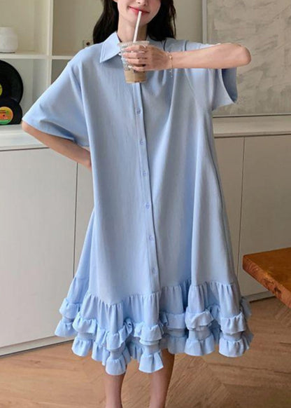 Women Blue Peter Pan Collar Ruffled Patchwork Maxi Dress Short Sleeve