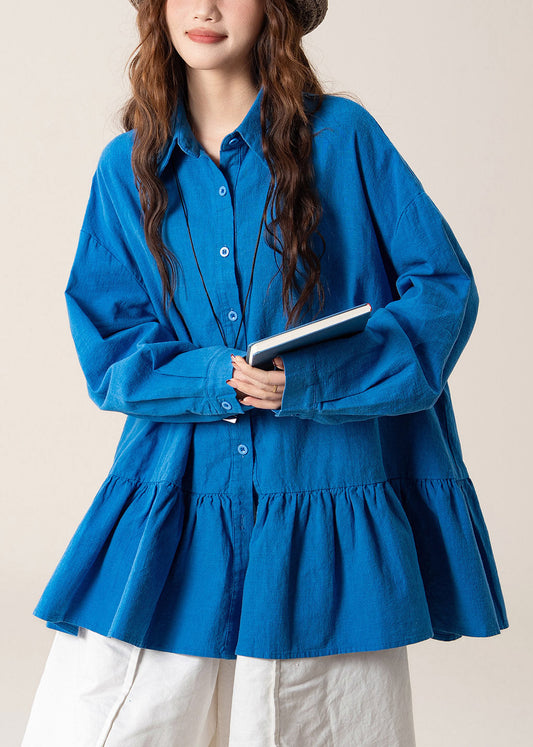 Women Blue Peter Pan Collar Shirts Lantern Sleeve