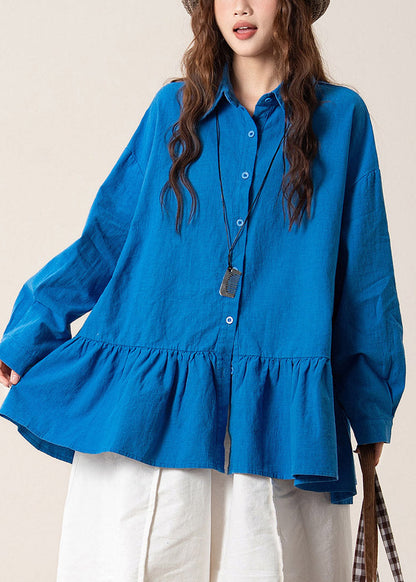 Women Blue Peter Pan Collar Shirts Lantern Sleeve