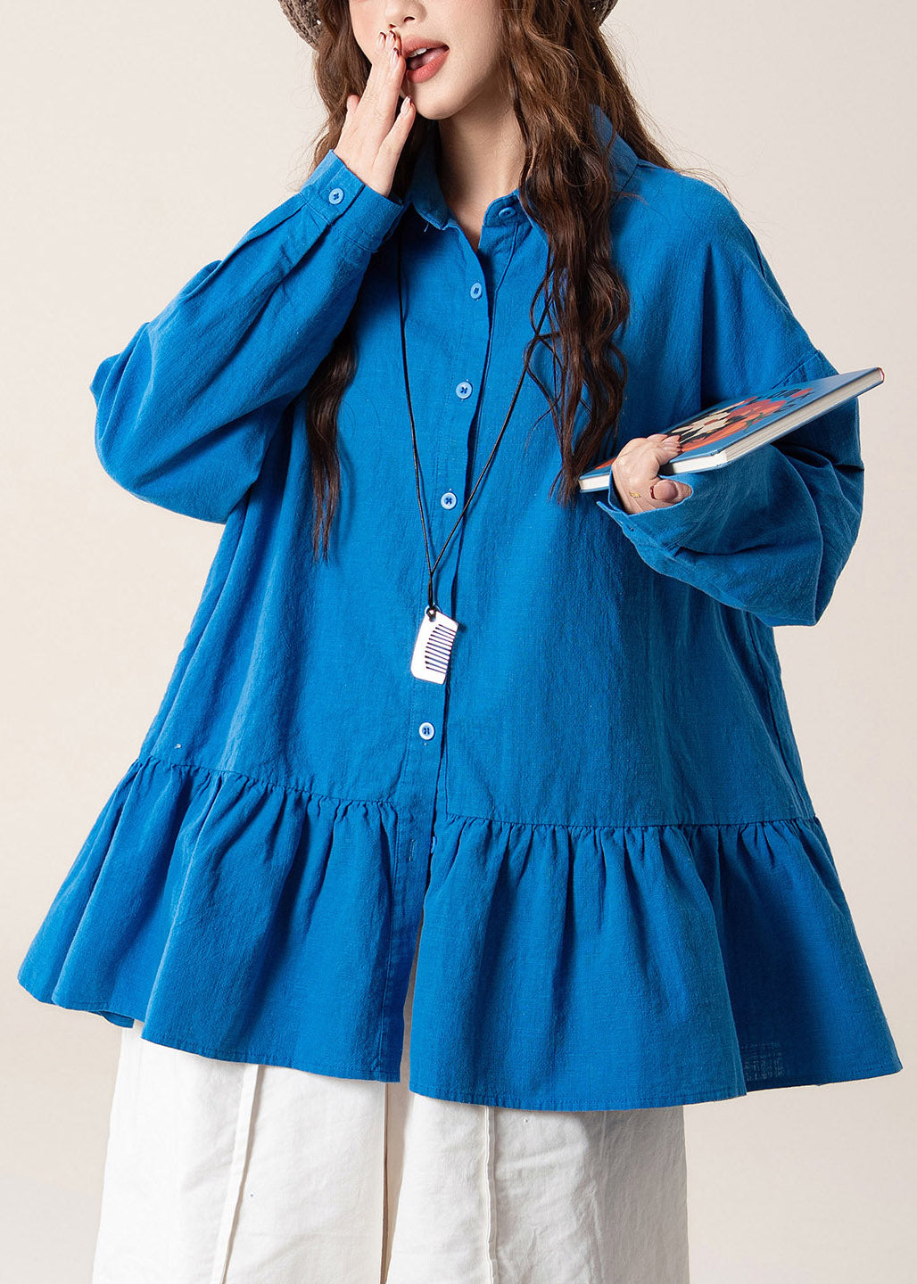 Women Blue Peter Pan Collar Shirts Lantern Sleeve