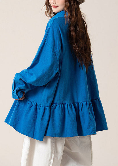 Women Blue Peter Pan Collar Shirts Lantern Sleeve