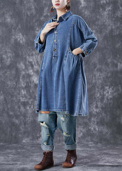 Women Blue Peter Pan Collar Wrinkled Denim Dress Bracelet Sleeve