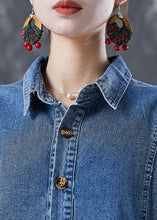 Load image into Gallery viewer, Women Blue Peter Pan Collar Wrinkled Denim Dress Bracelet Sleeve