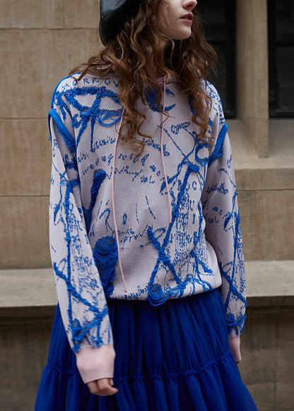 Women Blue Pink Hooded Jacquard Knit Sweater Fall