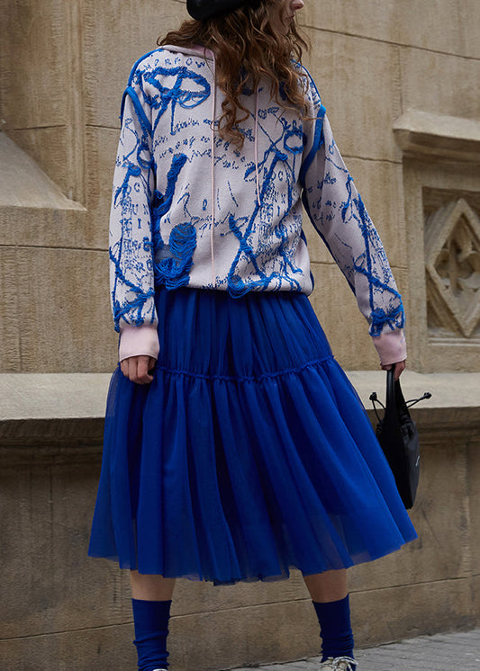 Women Blue Pink Hooded Jacquard Knit Sweater Fall