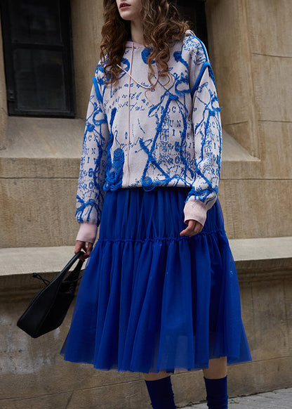 Women Blue Pink Hooded Jacquard Knit Sweater Fall