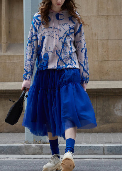 Women Blue Pink Hooded Jacquard Knit Sweater Fall