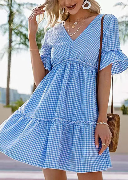 Women Blue Plaid V Neck Lace Up Cotton Mini Dress Summer