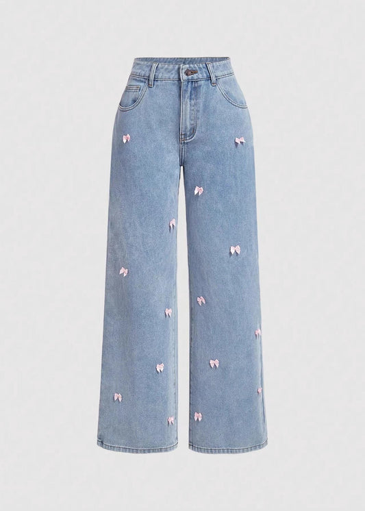 Women Blue Pockets Bow Wide Leg Jeans Fall