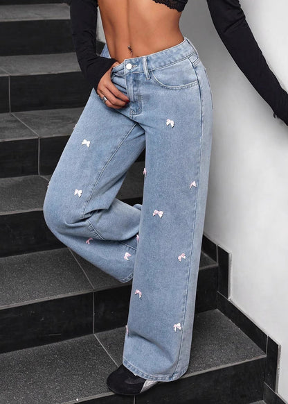 Women Blue Pockets Bow Wide Leg Jeans Fall