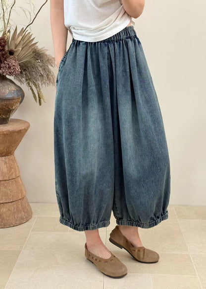Women Blue Pockets Elastic Waist Denim Crop Pants Fall