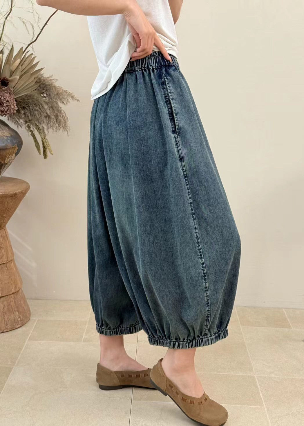 Women Blue Pockets Elastic Waist Denim Crop Pants Fall