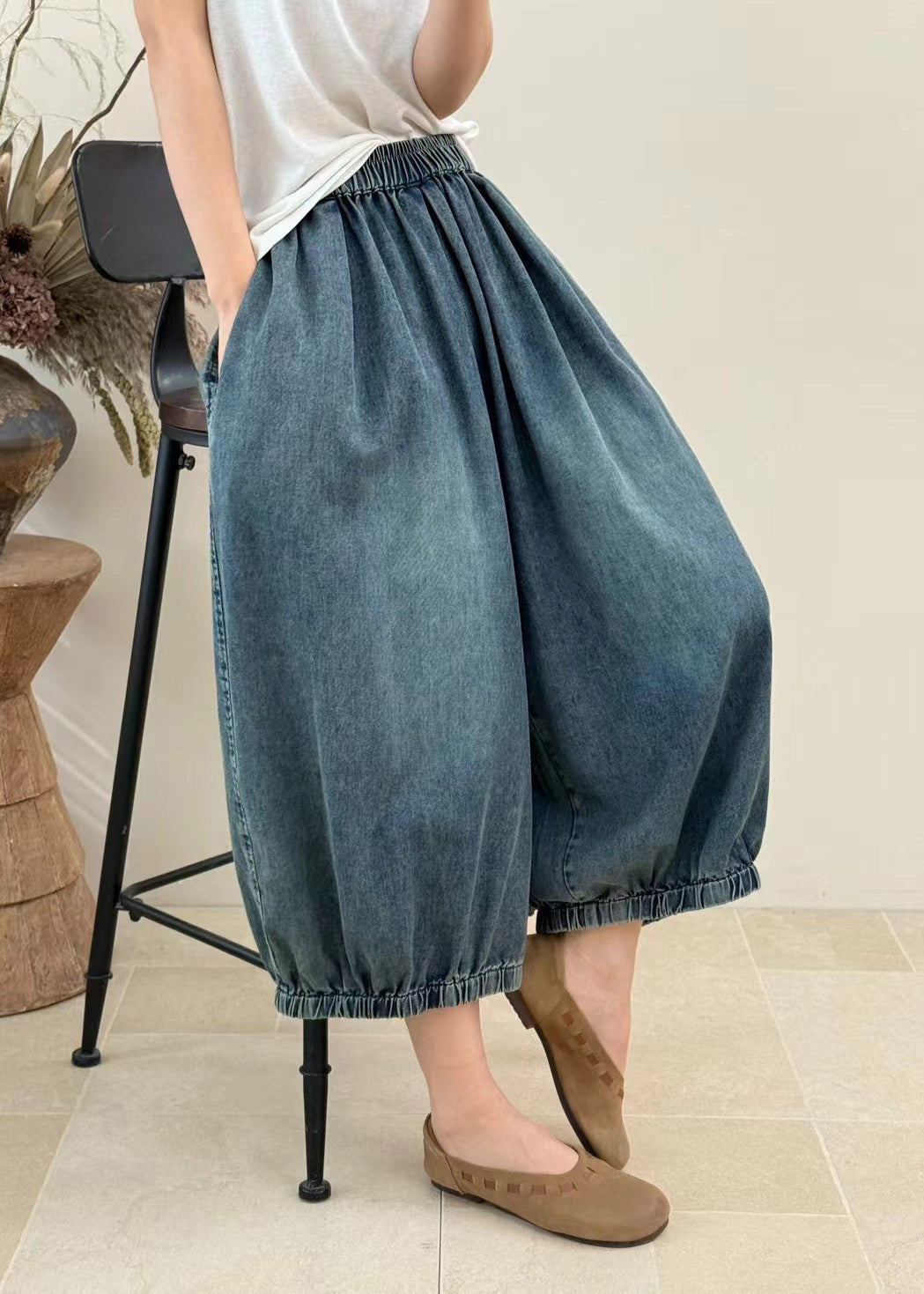Women Blue Pockets Elastic Waist Denim Crop Pants Fall