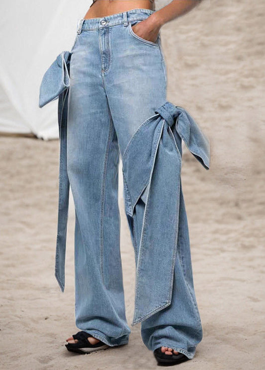 Women Blue Pockets Floral Patchwork Bow Straight Jeans Summer