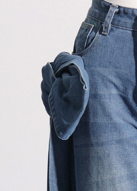 Women Blue Pockets Floral Patchwork Bow Straight Jeans Summer