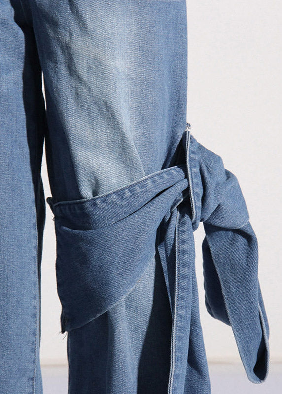 Women Blue Pockets Floral Patchwork Bow Straight Jeans Summer