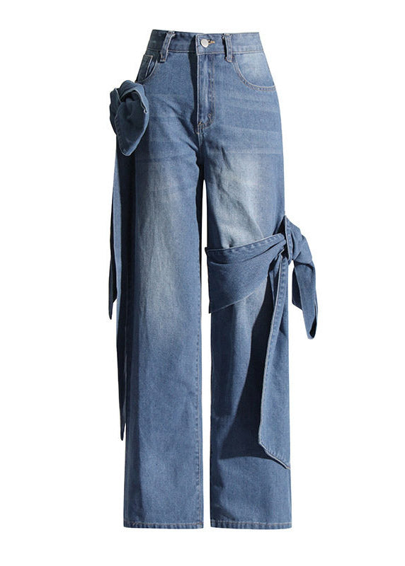 Women Blue Pockets Floral Patchwork Bow Straight Jeans Summer