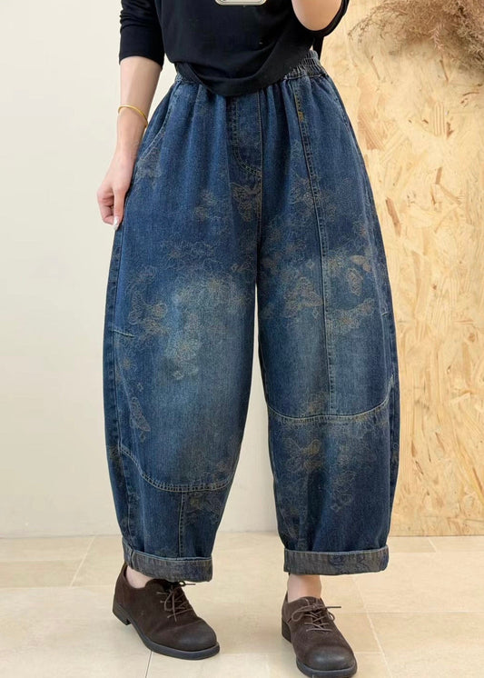 Women Blue Pockets Jacquard Patchwork Denim Pants Fall