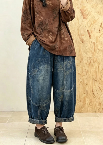 Women Blue Pockets Jacquard Patchwork Denim Pants Fall