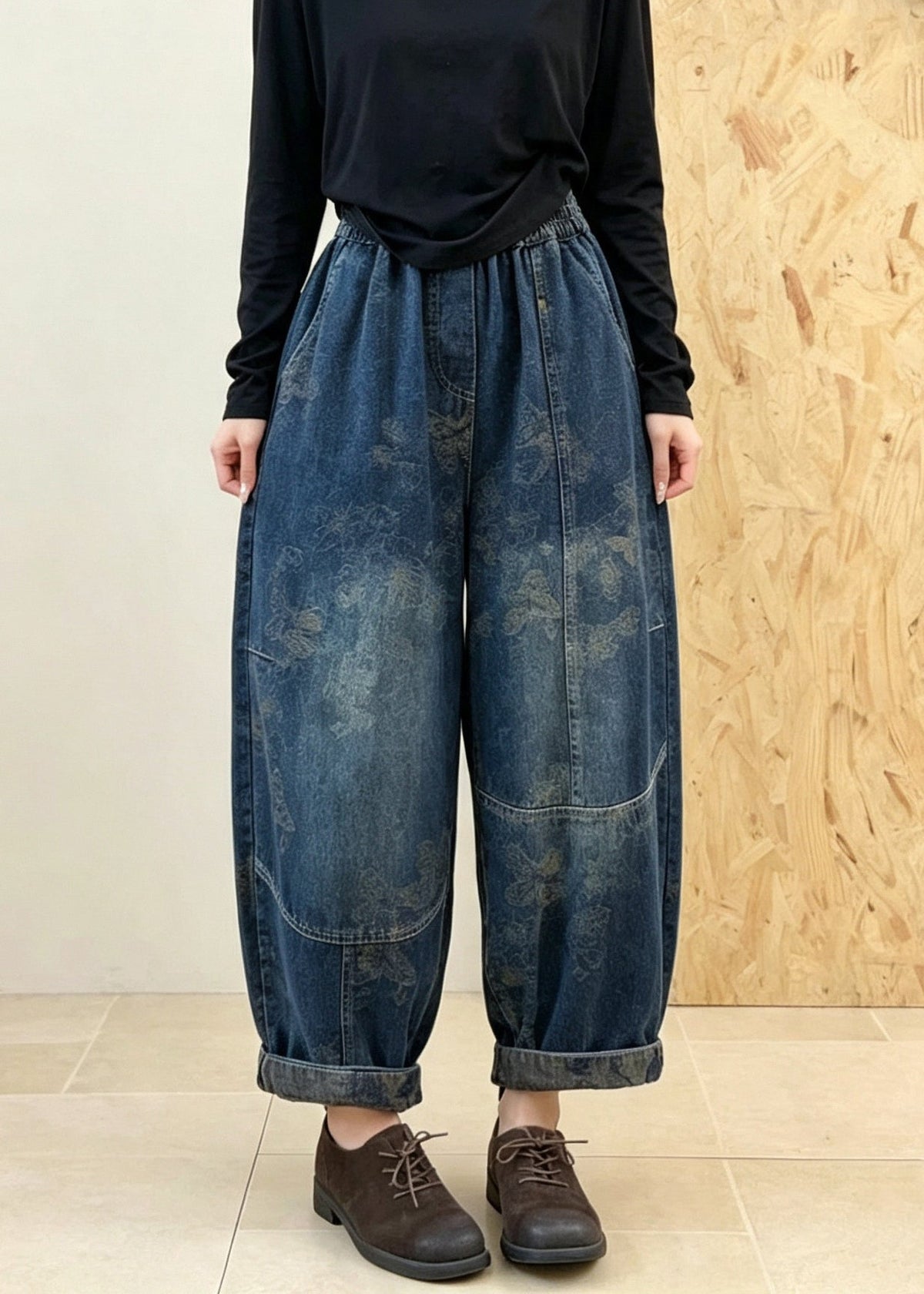 Women Blue Pockets Jacquard Patchwork Denim Pants Fall