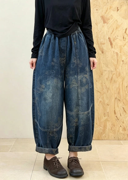 Women Blue Pockets Jacquard Patchwork Denim Pants Fall