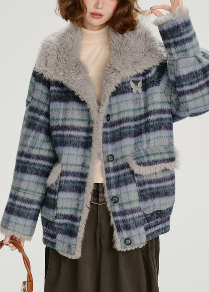 Women Blue Pockets Plaid Warm Fleece Coat Outwear Winter