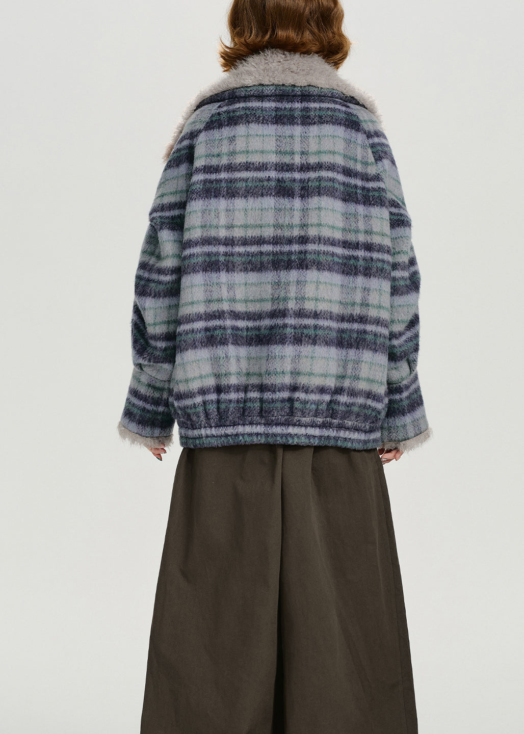 Women Blue Pockets Plaid Warm Fleece Coat Outwear Winter