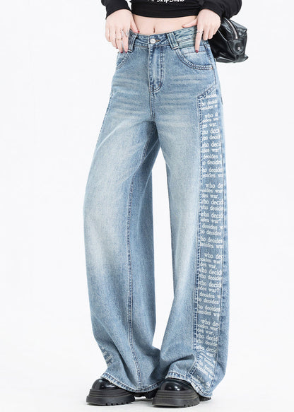 Women Blue Pockets Print Patchwork Denim Pants Spring