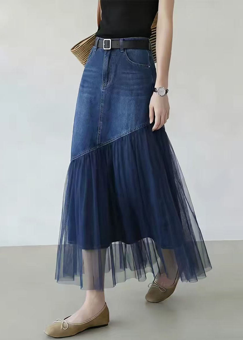 Women Blue Pockets Tulle Patchwork High Waist Denim Maxi Skirt Fall