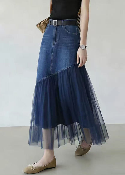 Women Blue Pockets Tulle Patchwork High Waist Denim Maxi Skirt Fall